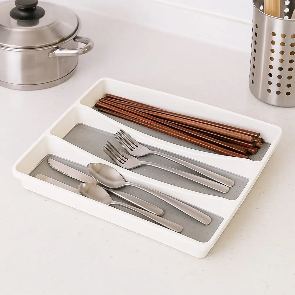3 Compartments Utensil Organizer Tray Space-Saving Household Kitchen Drawer Organizer Non-Slip Cutlery Storage Box