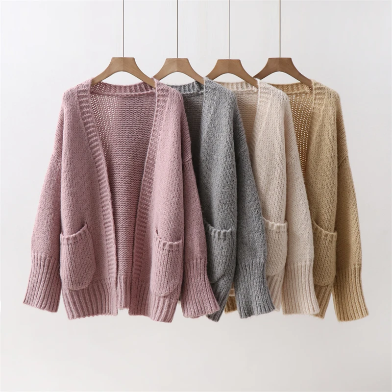 Wool Knitted Cardigan Autumn/Winter Mid length Korean Edition Loose Thick Pocket Coat Lazy Style Casual Top