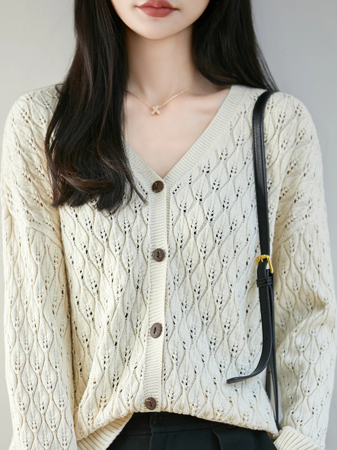 Pure Cotton Knitted Open Cardigan Long Sleeve Women's Outerwear Loose Leaf Hollow Base Layer Autumn New Style Soft V-neck
