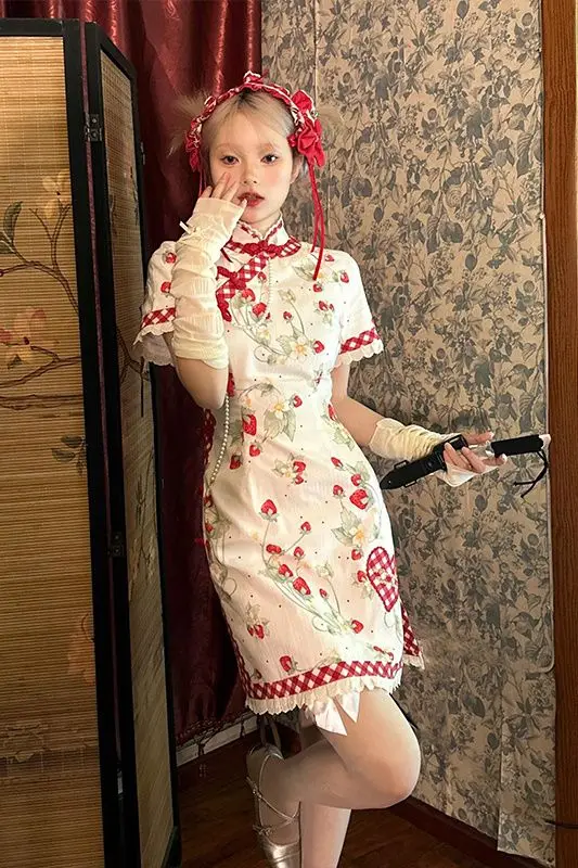 

2025 Summer New Chinese Qipao Dress Women Retro Oriental Style Floral Print Slim Fit Short Cheongsam Elegant Petite Lady Outfit