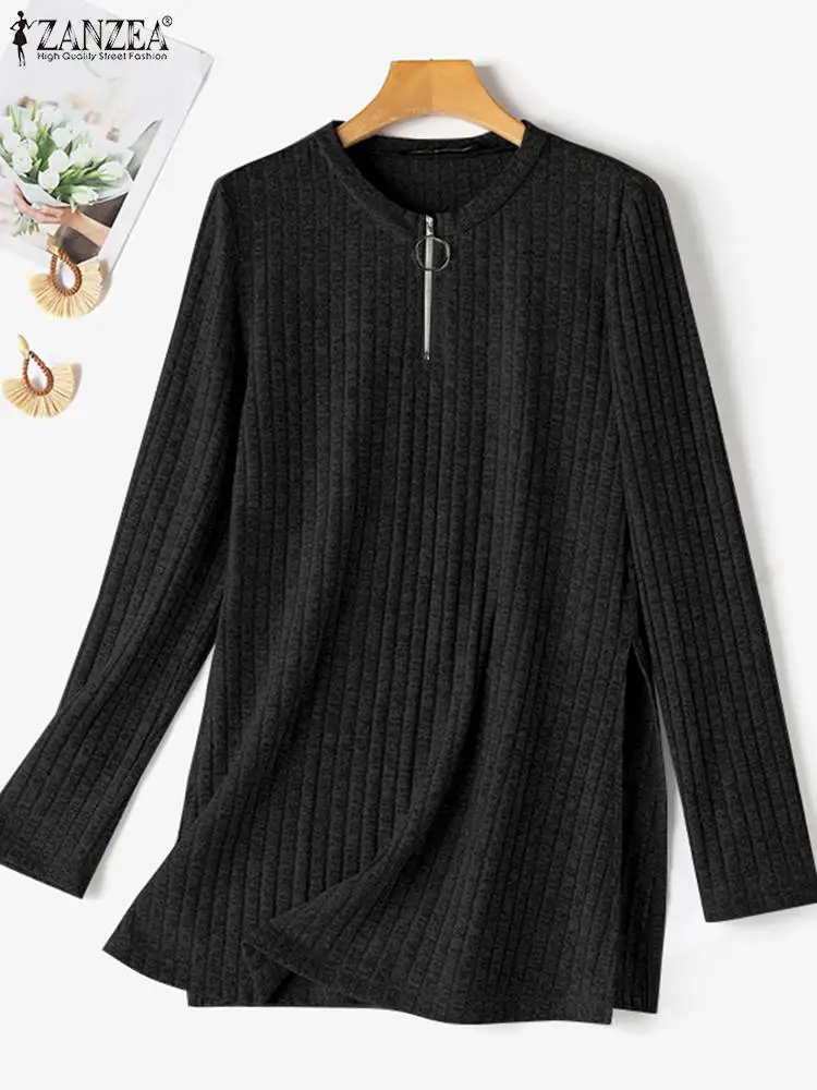 Knitted T Shirt ZANZEA Women Blouses Fashion Zipper Long Sleeve Zip Up Split Casual Blusas OL Work Party Tops Streetwear Tunic