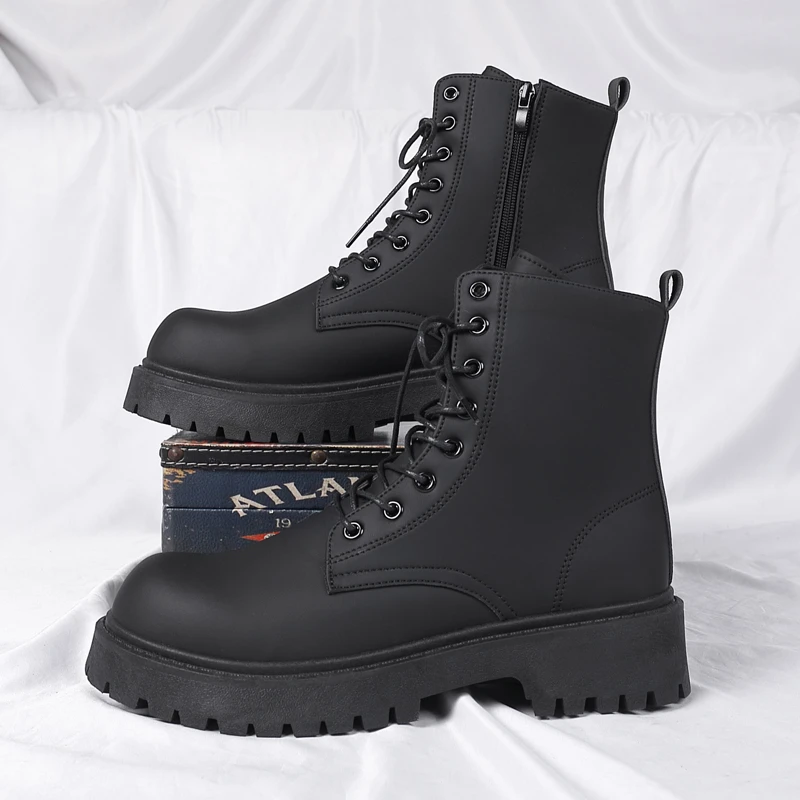 

Men's Workwear Boots Autumn British Style Retro Round Head Solid Colour Footwear Lace Up Walking Shoes Ride Long boots