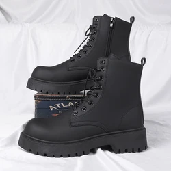 Men's Workwear Boots Autumn British Style Retro Round Head Solid Colour Footwear Lace Up Walking Shoes Ride Long boots
