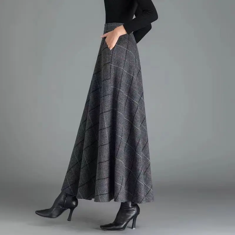 Women Autumn Winter Fashion Patchwork Woolen Cloth High Waist Appear Thin Skirt Women Clothes Simplicity All-match A-line Skirt