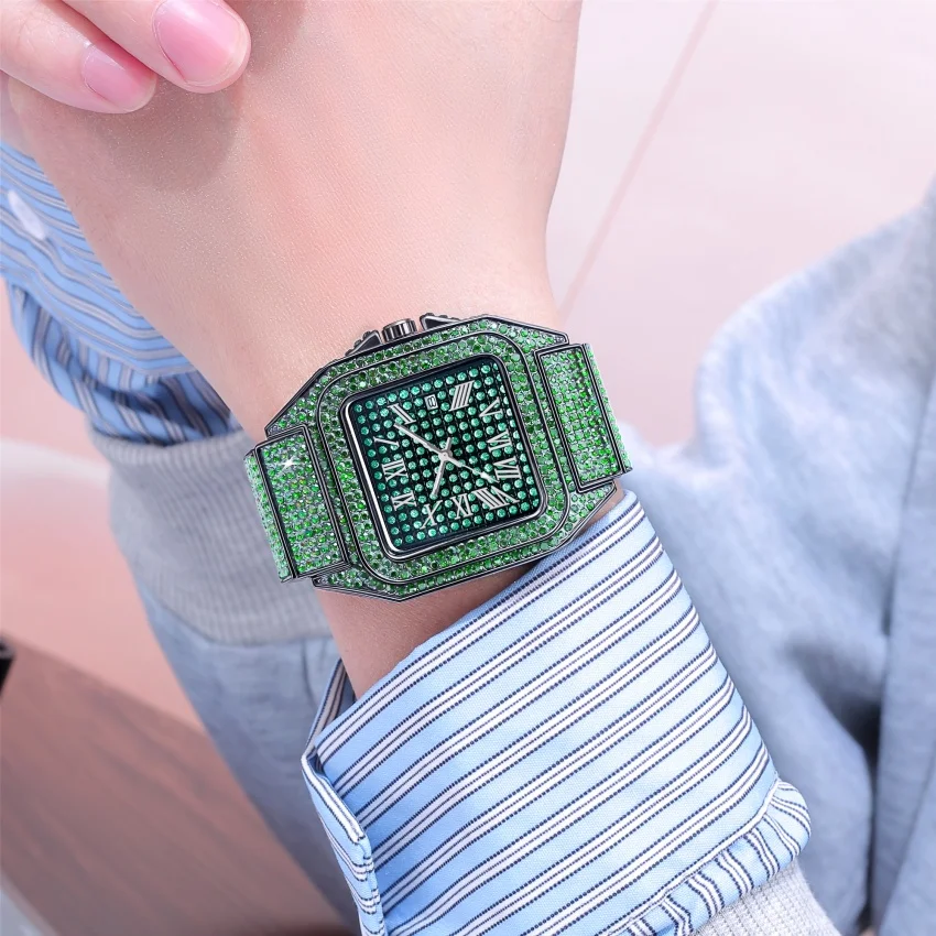 Green Diamond Iced Out Watch Black Plated 24mm Width Roman Numerals Dial Quartz Wristband Watch for Men Women view 5