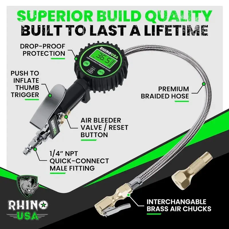 Rhino USA 디지털 타이어 팽창기, 압력 게이지 (0-200 PSI), ANSI B40.7, 정확한 2 인치 글로우 다이얼, 브레이드 호스, 황동 하드웨어