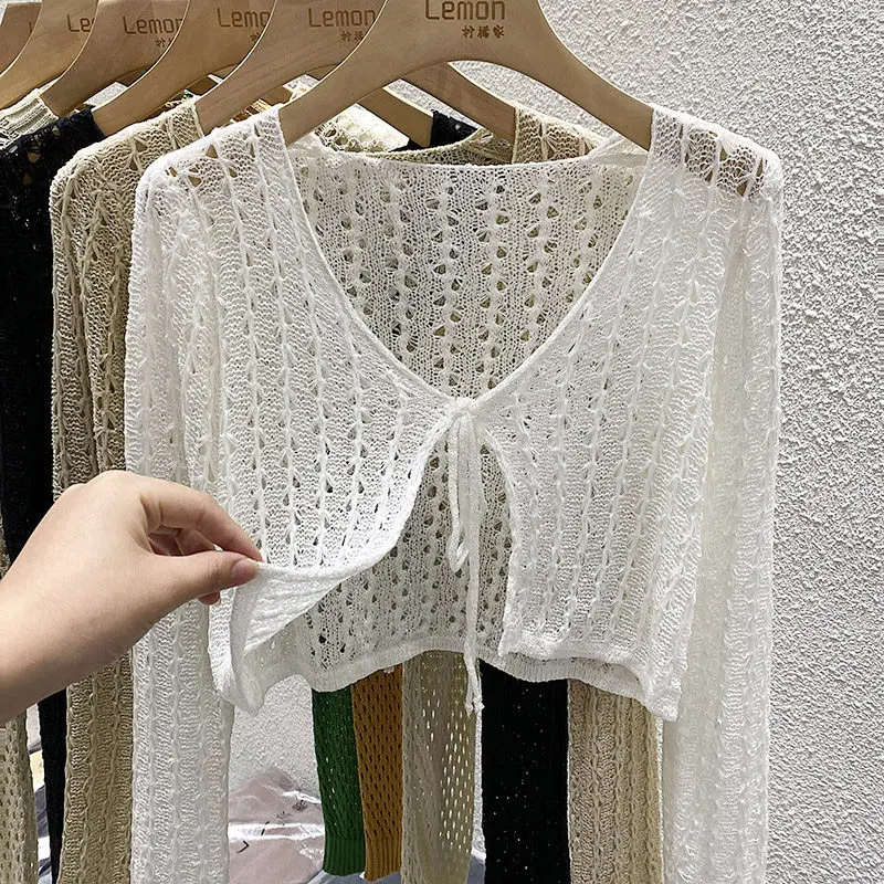 Pointelle Tie Front Crop Cardigan Women Open-stitch Knit Top Crochet Bolero Cover-up Spring Summer 2026 Y2K Grunge
