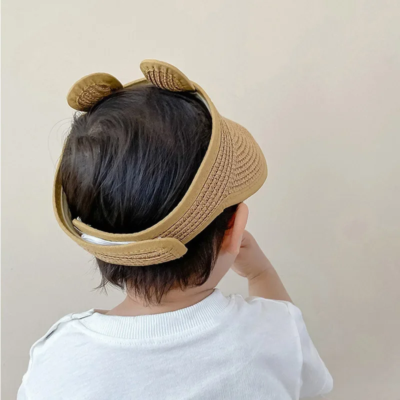 Lovely Bear Ears Empty Top Hat Baby Straw Cap Children Long Brim Sun Visors Kids Adjustable Summer Beach Bonnet Boy Girl Props