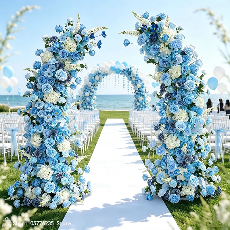 Blaues Künstliches Blumen-Mond-Ochsenhorn-Bogen-Arrangement mit Rosen, Luxuriöser Hochzeits-Hintergrundrahmen, Dekoration für Strand, Outdoor-Zeremonien und Partys – Detail 1