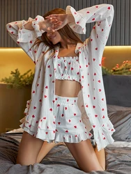 Marthaqiqi-Conjunto de camisola de manga comprida feminina, tops sexy, pijamas de gola virada para baixo, shorts pijama, terno de 3 peças