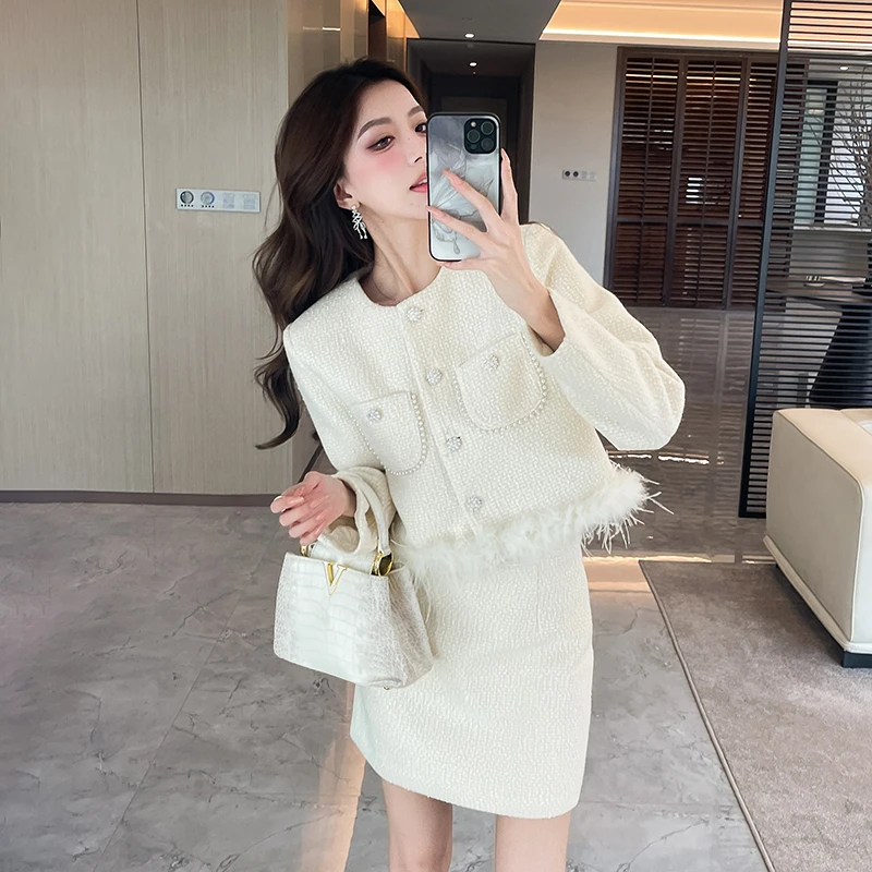 High-end Light Luxury Quilted Women's Suit Jacket Autumn and Winter Pink Age-reducing Coat Top A-line Skirt Lady Two-piece Set