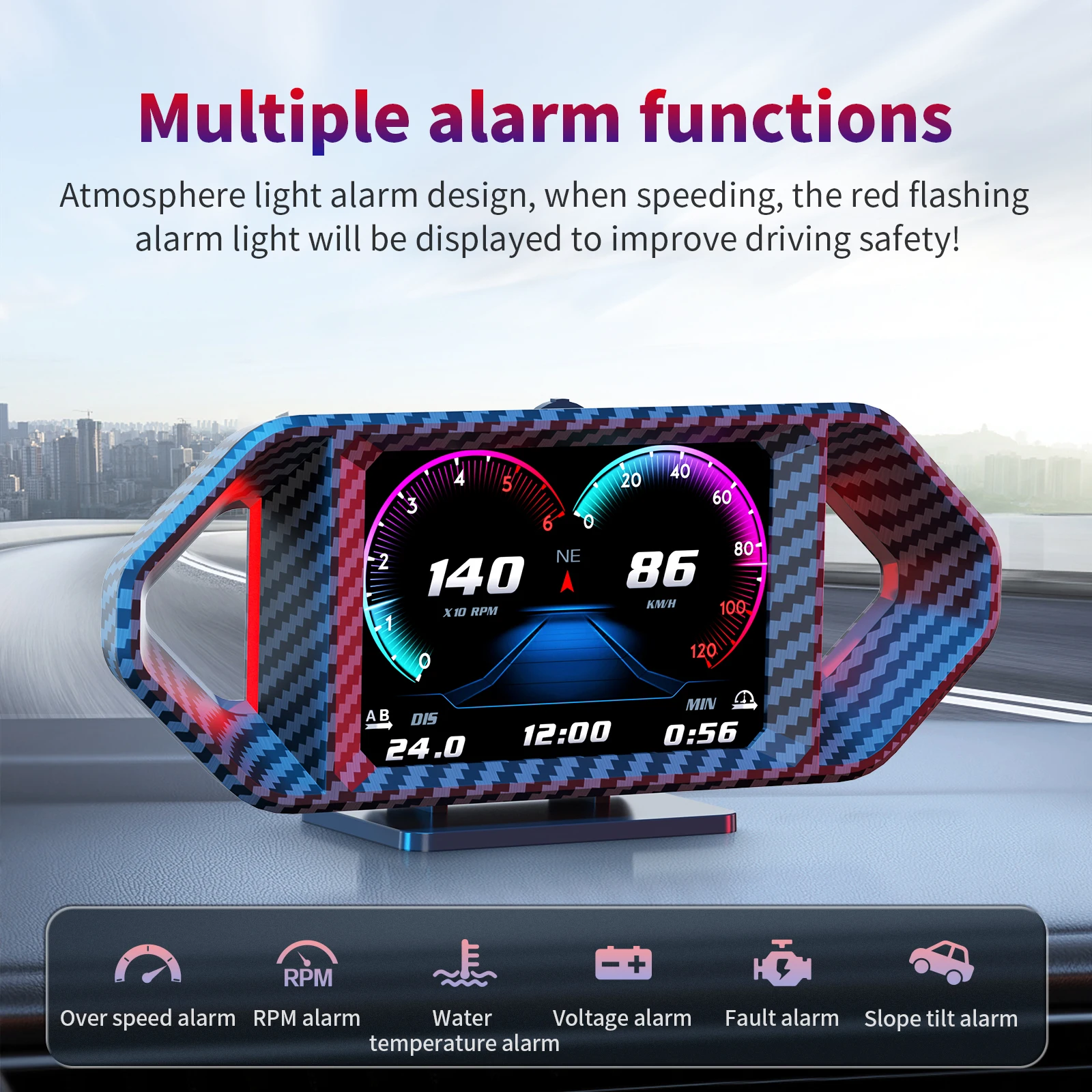 OBD + GPS HUD P26 Car OBD Head Up Display Digital Speedometer Water Temp Fuel Consumption Slope Meter Speed Alarm 12 Languages