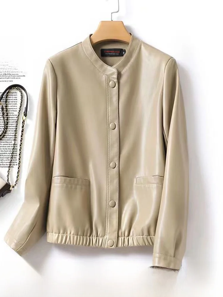 

Весна 2025: Женская приталенная модная короткая кожаная куртка из овчины, универсальная верхняя одежда для повседневной носки, стильная, с длинными рукавами.