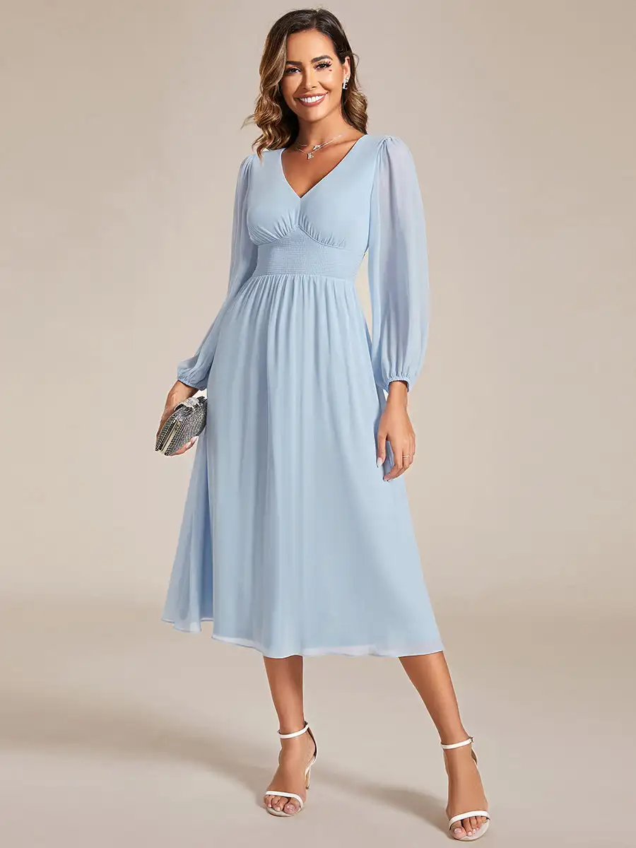 

Elegant Evening Dresses Dignified Deep V-neck Long Sleeves Knee-Length 2025 Ever Pretty of Chiffon Orchid Bridesmaid Dresses