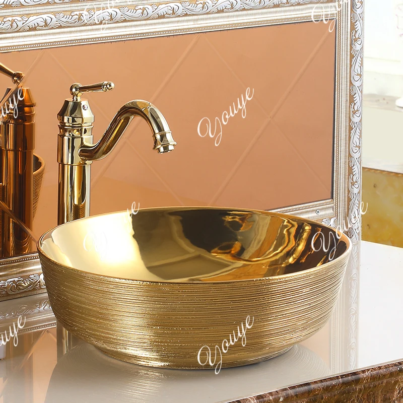Okrągła ceramiczna umywalka w kolorze złotym, umywalka artystyczna, europejska umywalka łazienkowa, nowoczesna umywalka.