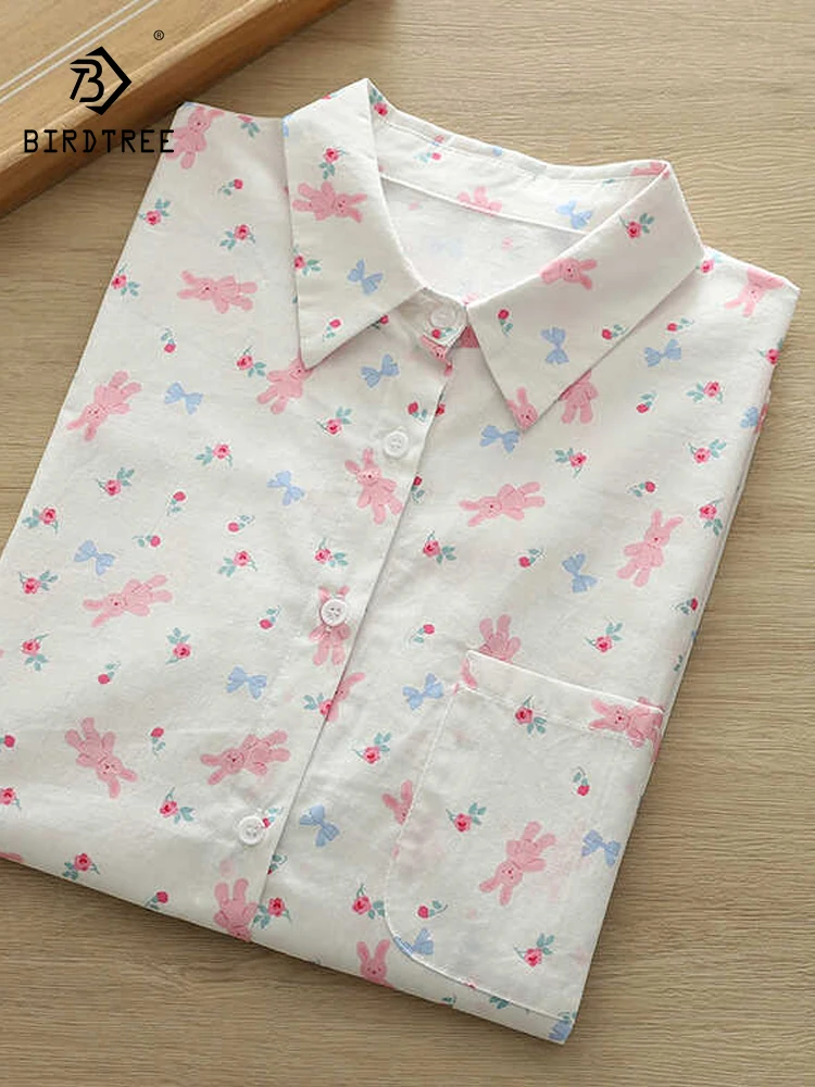 

New 2025 Summer Cotton Short Sleeve Shirt, Women Turn-down Collar Printed, Mori Girl Sweet Age Reduction Loose Blouse T57377CC