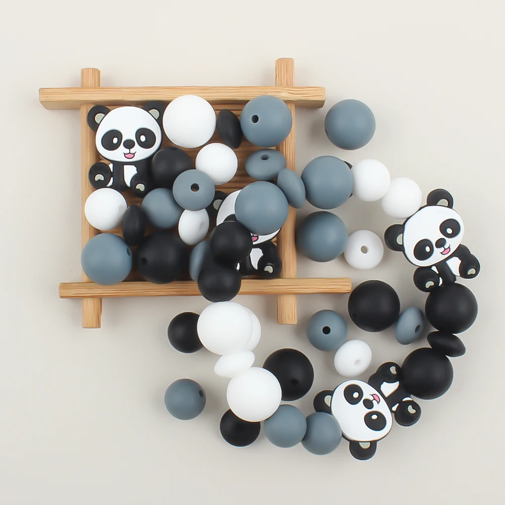 47pcs/Set Panda Silicone Beads 12 15mm Round Lentil Focal Beads Set Baby Teething Beads Teether DIY Pencils keychain Accessories