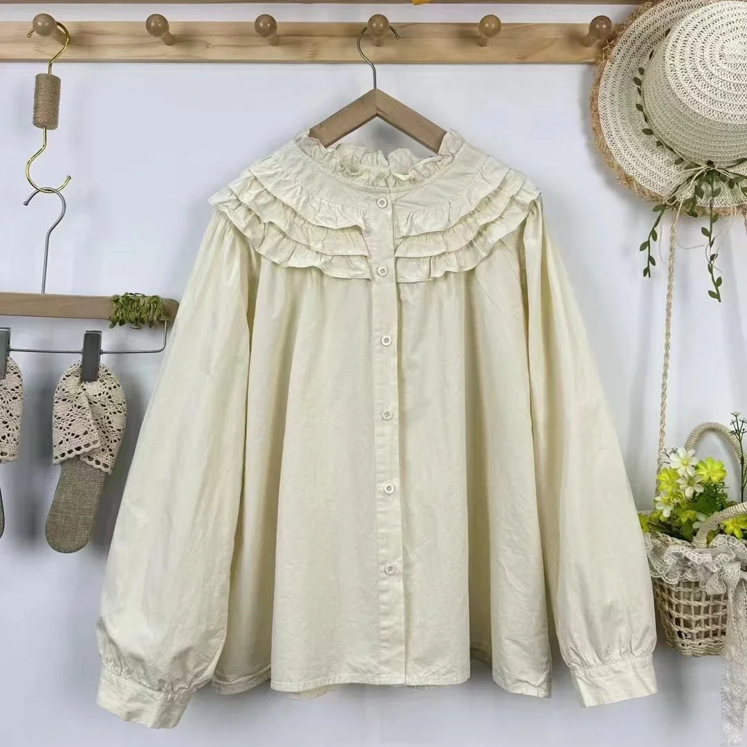 

Vintage Cotton Ruffled Collar Long Puff Sleeve Shirt Korean Style Retro Chic Victorian Edwardian Cottagecore Sweet Cute Blouse