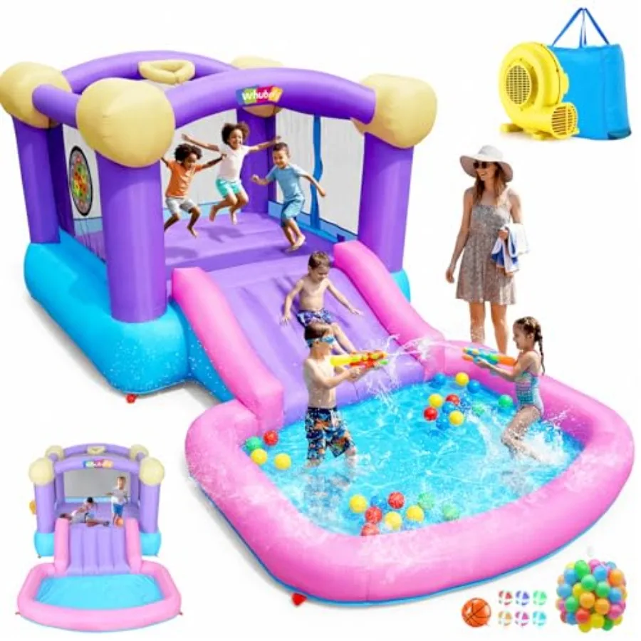 

Надувной батут для детей 3-6 лет с вентилятором, горкой и бассейном с шариками, для улицы и дома, 5 в 1, игровой комплекс