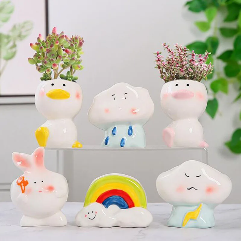 

Cartoon Animal Flowerpot Handpainted Porcelain Weather Succulent Plant Pot Bonsai Vase Desktop Ornaments Home Garden Decor