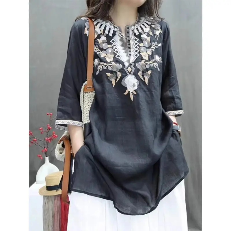 Camisa de mujer de industria pesada de verano Vintage bordada de longitud media suelta de algodón y lino elegante Jersey informal Top para mujer
