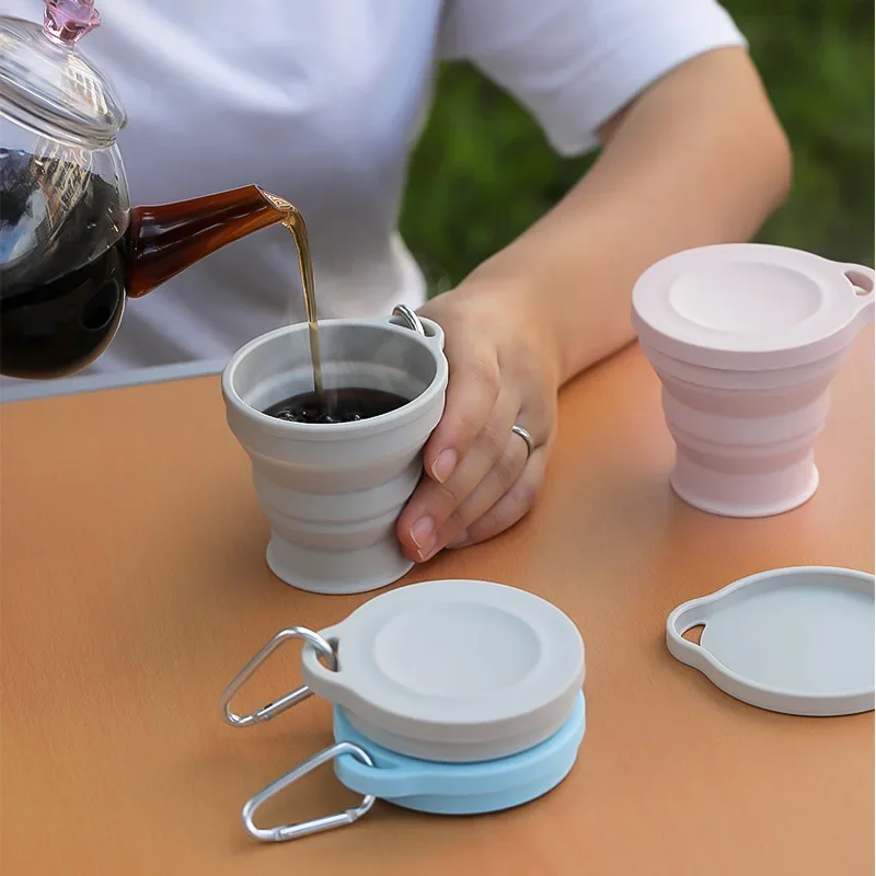 Tasse pliante Portable en Silicone de 180ML, Mini tasse rétractable, tasse à café de voyage en plein air, tasse à boire télescopique avec couvercle