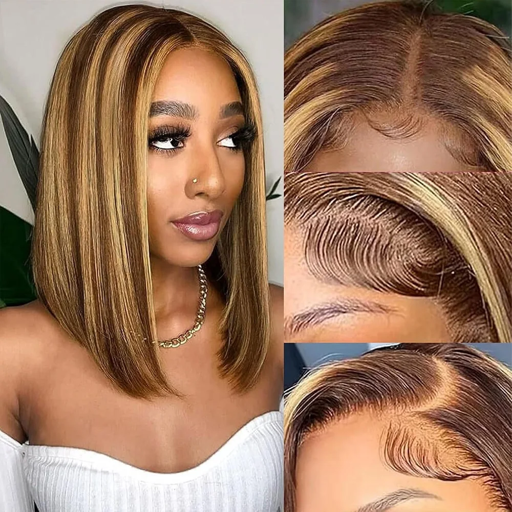 

Highlight Honey Blonde Lace Front Wigs Human Hair Pre Plucked Hairline 180% Density Bob Wigs for Women Highlight Bob Wig