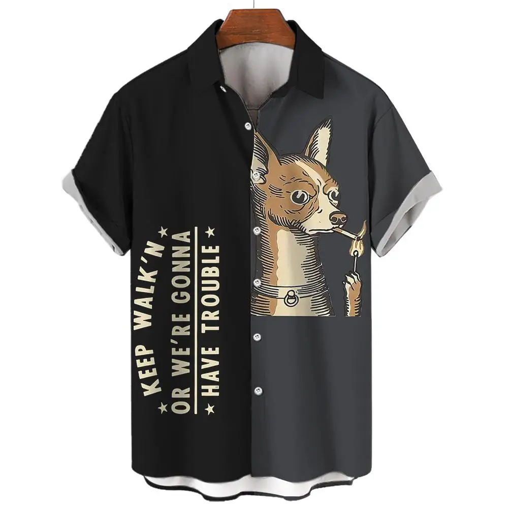 Animal Graphics Men's Shirt Word Slogan Short Sleeved Shirts Summer Casual Men's Clothing Loose Breathable Blouse European Top