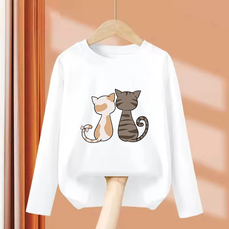 Long Sleeve Cute Cat Kids Tshirts Summer Tees Cartoon Animal Boys Girls Clothes Kawaii Kitten Tops Y2K Children T-shirt