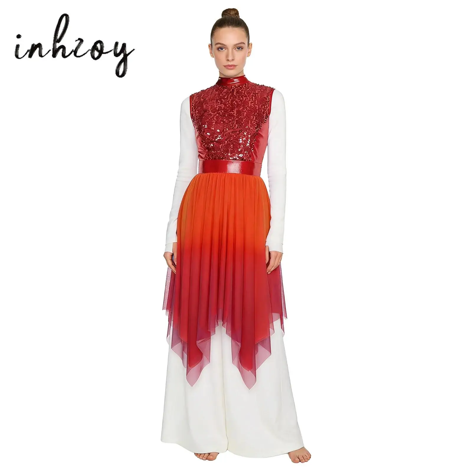 

Womens Worship Liturgical Praise Dance Dress Glittery Sequined Sleeveless Bodice Gradient Mesh Irregular Hem Lyrical Dance Dress