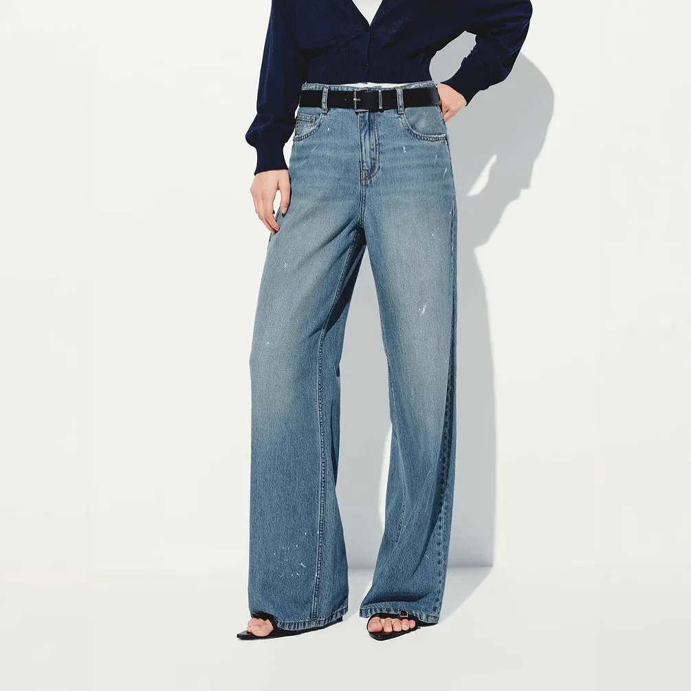 Dave&di French Fashion Lyocell Linen Dirty Splash Paint Vintage Style Medium High Waist Denim Pants Women's Jeans Woman Clothes