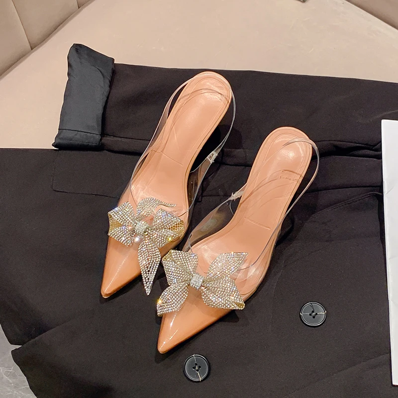 

Pointed Rhinestone Bow Transparent Strap Women's Sandals Slingback Elastic Band Solid Color Fairy Dress Size 35-42 Pumps Summer