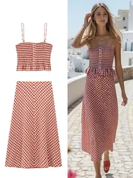 HH Women Fashion Plaid Top Skirts Sets Strapless Tops Camis Elegant Side Zipper Midi Skirt Summer Y2K Casual Female Clothing