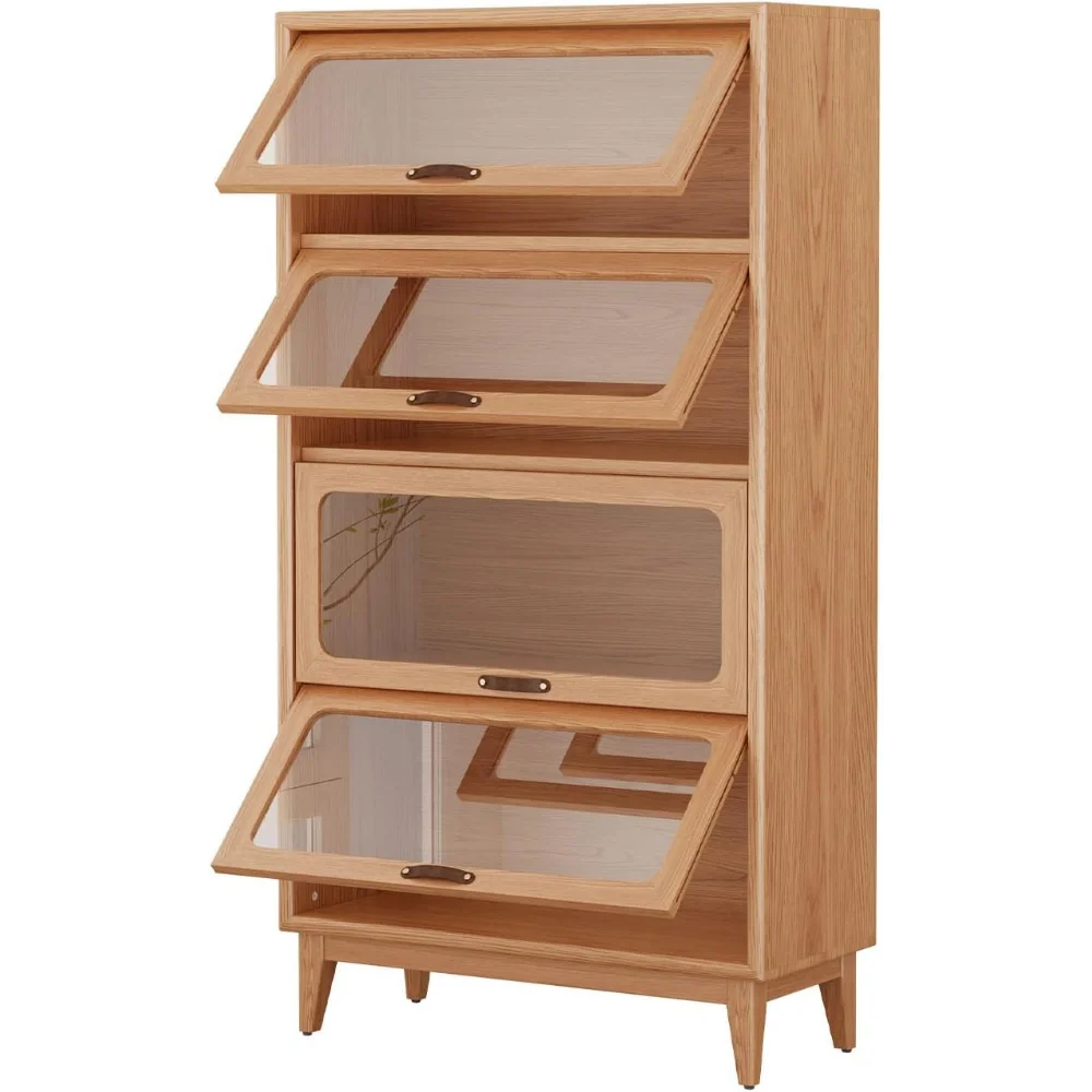 

Solid Wood Book Case 4Tier Bookshelves with Tempered Glass Flip-Up Doors Brown Finish Adjustable laminate