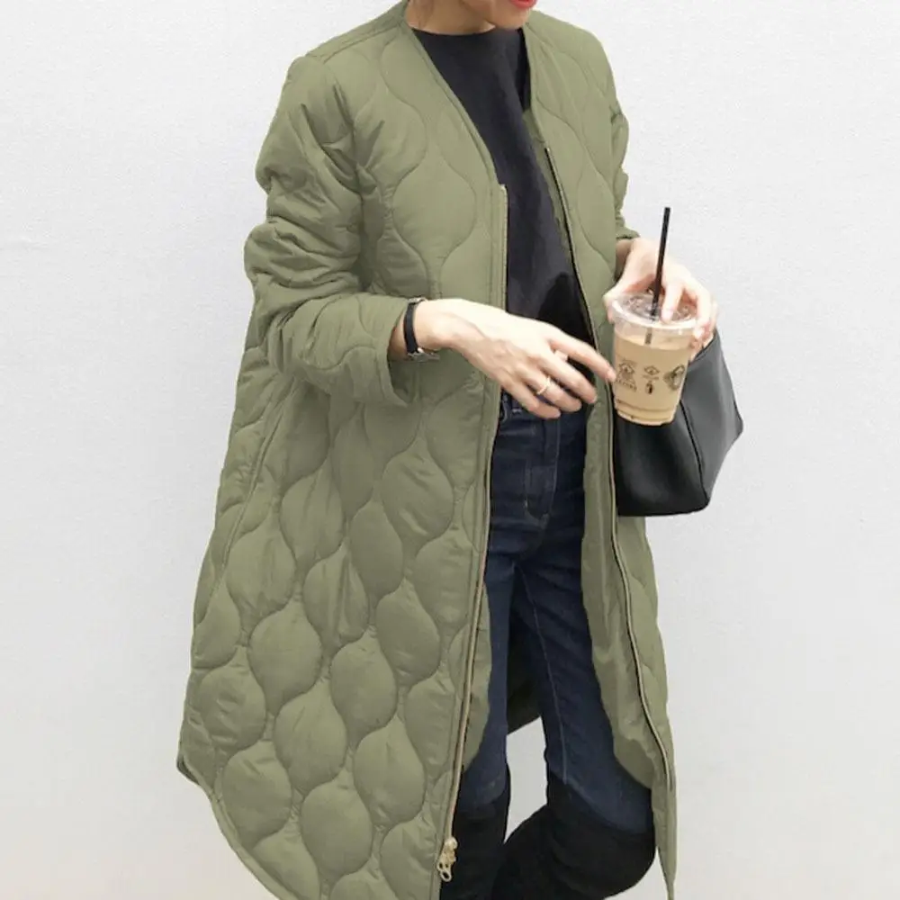 Solid Color Winter Cotton Coat Women's Korean Version Medium Long Round Neck Round Plaid Coat Jacket