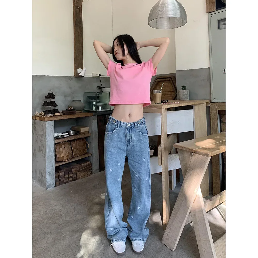 

Jeans Women Embroidery Straight Leg Pants Pockets High Waist Denims 2024 Autumn Streetwear Floor Length Vintage Trousers