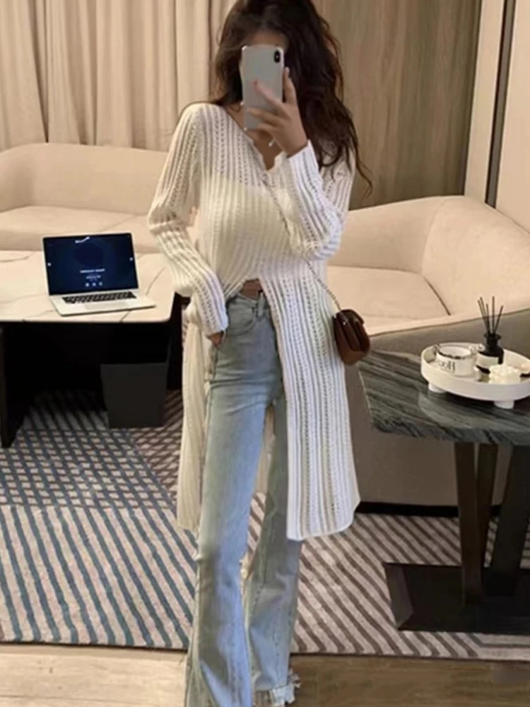 

Spring Autumn V-neck Split Knitted Thin Long Shirt Women Fashion Hollow Out Casual Long Sleeve Sunscreen Tops Elegant Blouse Top