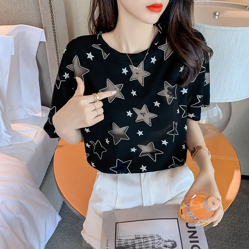 

New Summer Women's Style O-Neck Short Sleeve Loose Printed Hollow Out Gauze Pullovers Trendy Casual Commute All-match Tops