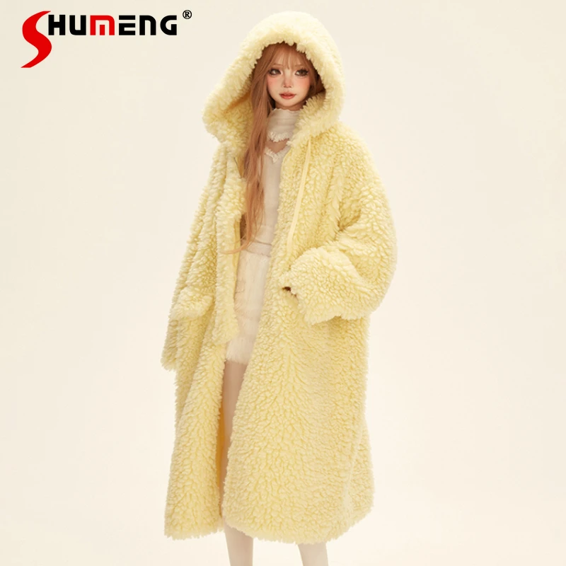 Cotton Clothes Women's Winter Warm Thickened Loose Thickened Korean Version Medium And Long Hooded Jacket Light Yellow Parkas