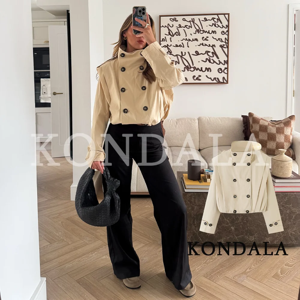 KONDALA Women Commute Chic Short Trench Coat Elegant Double Breasted Pleated Jacket 2026 Spring Autumn Trendy High Street Coat
