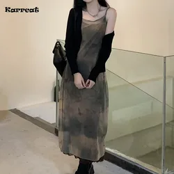 Karrcat Vintage Tie Dye Print Mesh Dress Grunge Gothic Spaghetti Strap Midi Dress abito da festa in stile coreano Fairycore Vestidos