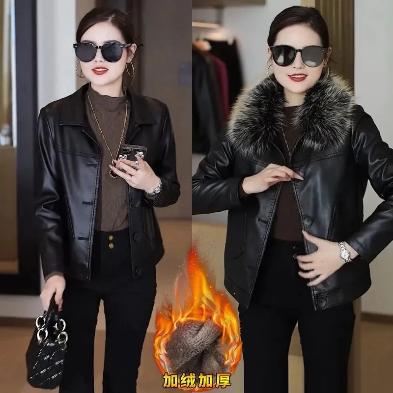 คุณภาพสูง PU หนังแจ็คเก็ตผู้หญิงฤดูใบไม้ร่วงฤดูหนาว 2025 ใหม่แฟชั่นหนังเพิ่มกํามะหยี่เบาะ Outwear สั้นหญิง Outcoat