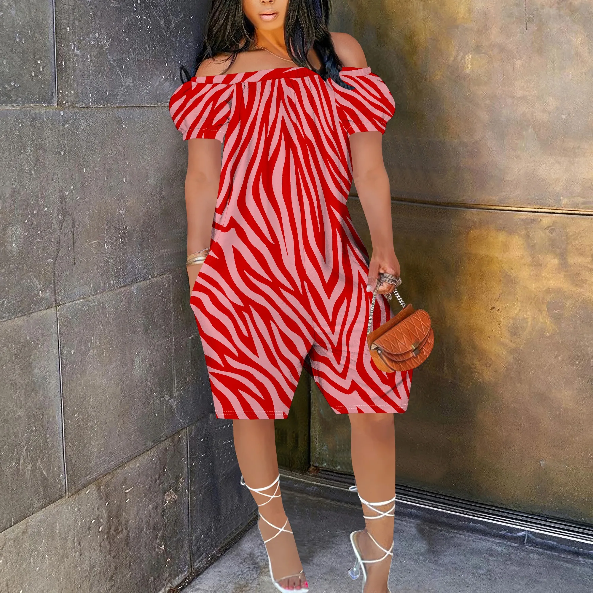 Women Plus Size One Piece Outfits Leopard Print Off Shoulder Short Sleeve Loose Short Pants Jumpsuits