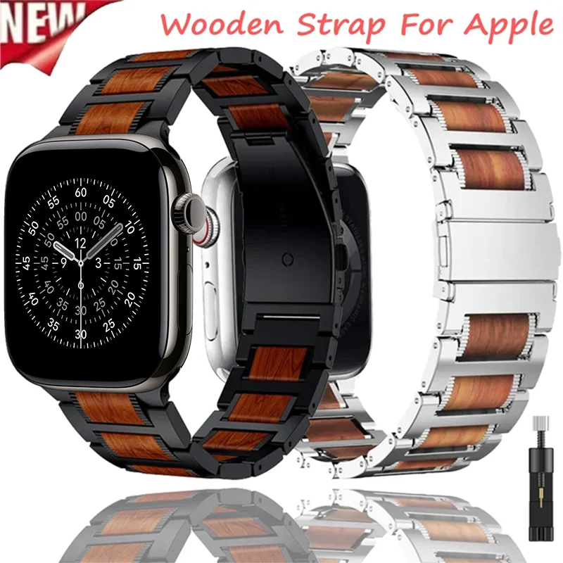 

Деревянный ремешок для Apple Watch Ultra 3, 11, 10, 9, 8, 7, 6, 5, 4 SE, браслет из сандалового дерева из нержавеющей стали iWatch 49/46/42/40/44/41/45 мм