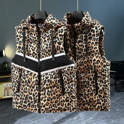 Winter Sleeveless Jacket Men Leopard Print Outerwear Vest Jacket Zipper Warm Thick Down Cotton Hooded Vest Man Slim Fit Coat