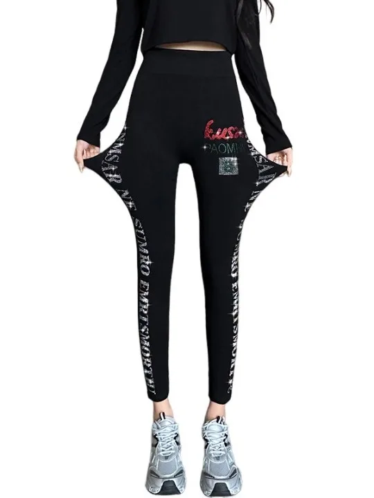 المرأة سليم صالح طماق عالية الخصر الماس Embellied قاعدة طبقة السراويل الإنتاج الصيني مادة رقيقة تسع قطع السراويل