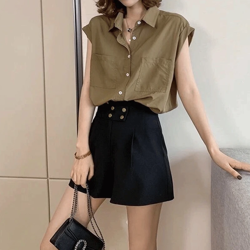 2023 Women\'s Summer Loose Sleeveless POLO Collar Single Breasted Panel Pocket Solid Color Short Fashion Casual Versatile Blouse