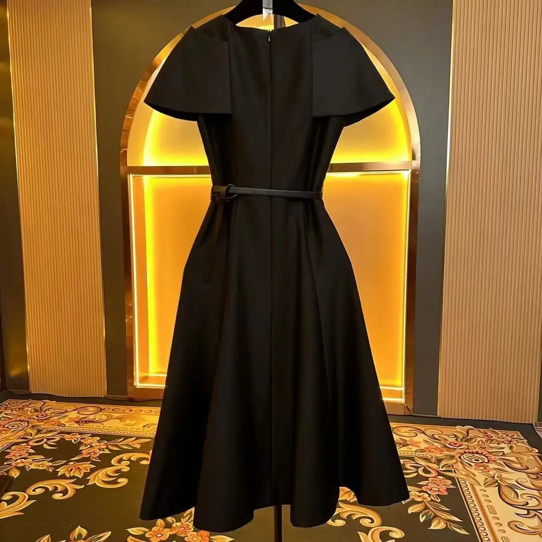 Wonem Elegant Chic Formal Party Black Dress Fashion Bow Collar Sleeveless Evening Midi Long Dresses 2024 Summer Free Shipping