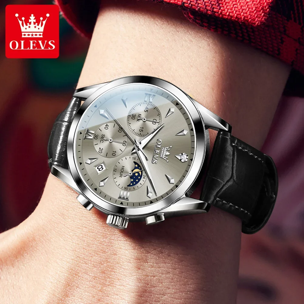 OLEVS Moon Phase นาฬิกาสําหรับชายแฟชั่นสายหนังนาฬิกาผู้ชายหรูหรานาฬิกาข้อมือควอตซ์นาฬิกาโครโนกราฟสําหรับชายนาฬิกา