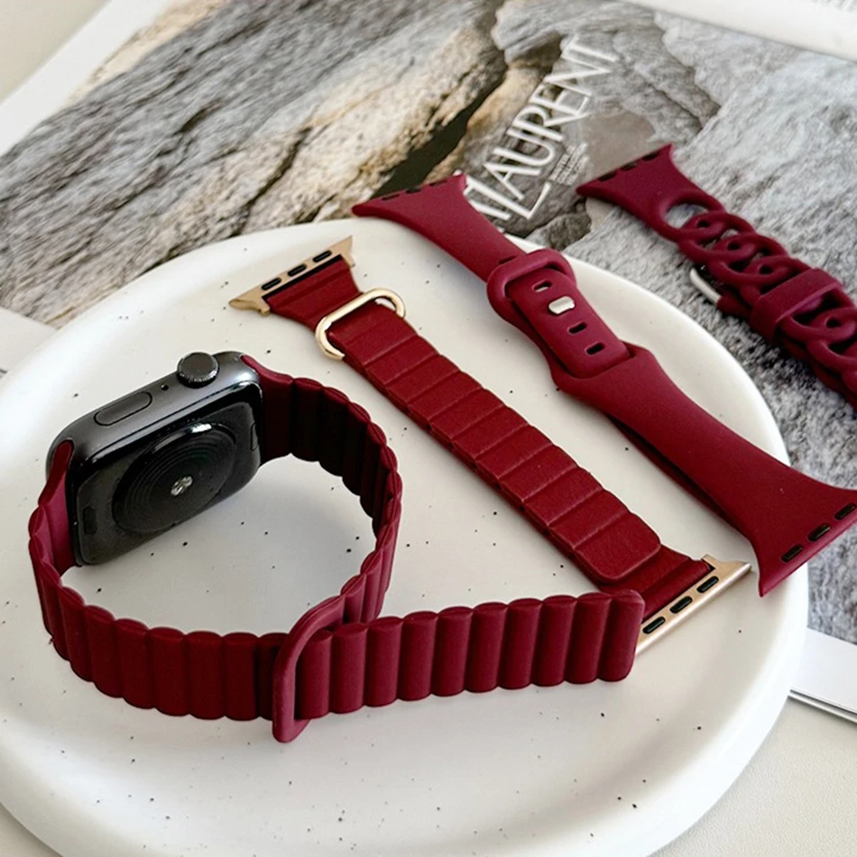 Luxury Wine Red Nylon Magnetic Silicon Strap For Apple Watch Band S10 9 8 7 6 SE 38/40/41/42/44/45/46/49mm IWatch Ultra Bracelet